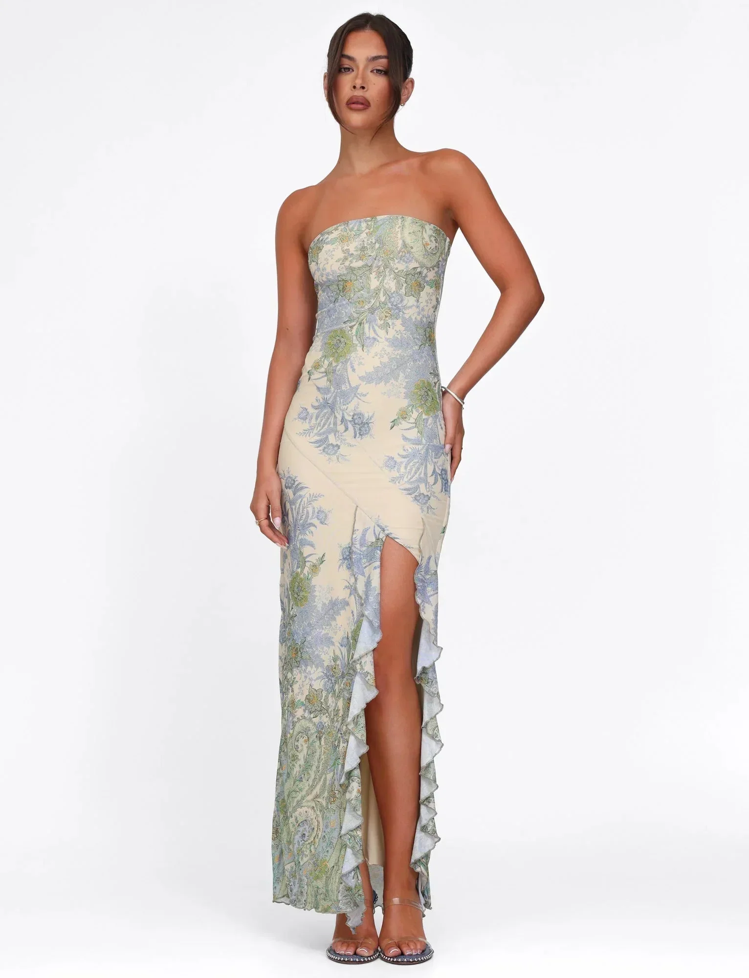 Robe longue sans bretelles motif floral avec fente