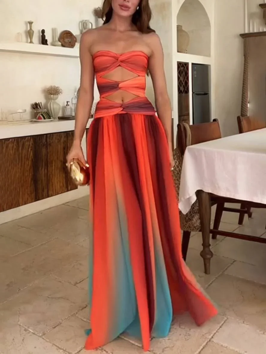 Robe maxi femme fluide dégradée avec bandeau froncé et découpe à la taille – Image 5