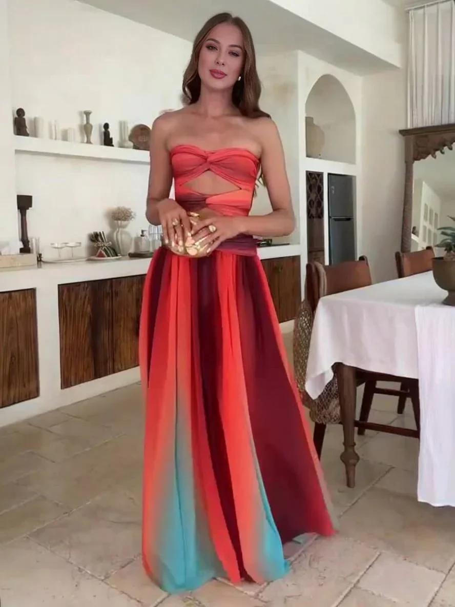 Robe maxi femme fluide dégradée avec bandeau froncé et découpe à la taille – Image 7