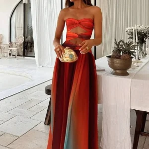 Robe maxi femme fluide dégradée avec bandeau froncé et découpe à la taille