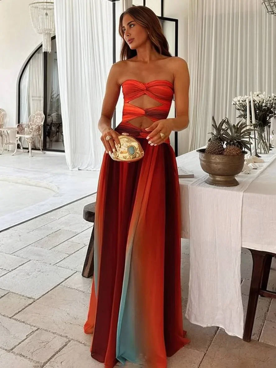 Robe maxi femme fluide dégradée avec bandeau froncé et découpe à la taille