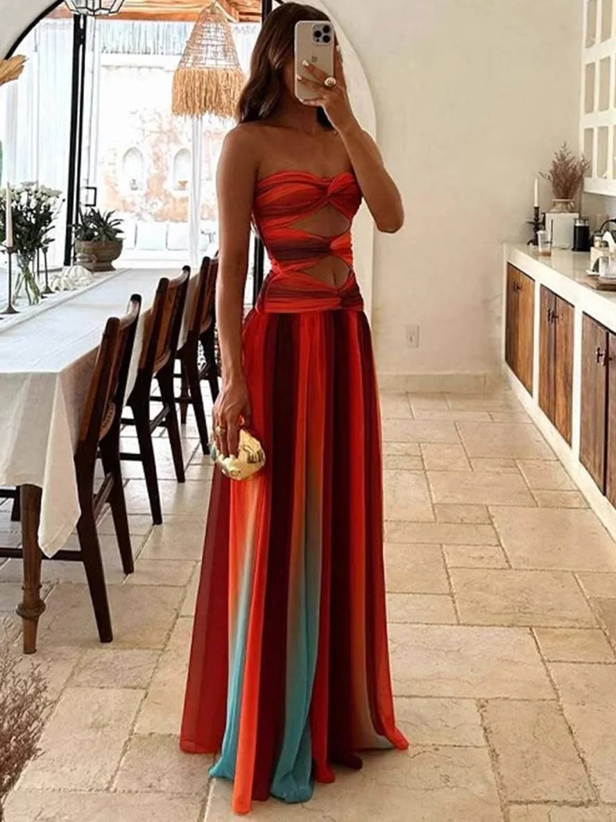 Robe maxi femme fluide dégradée avec bandeau froncé et découpe à la taille – Image 4
