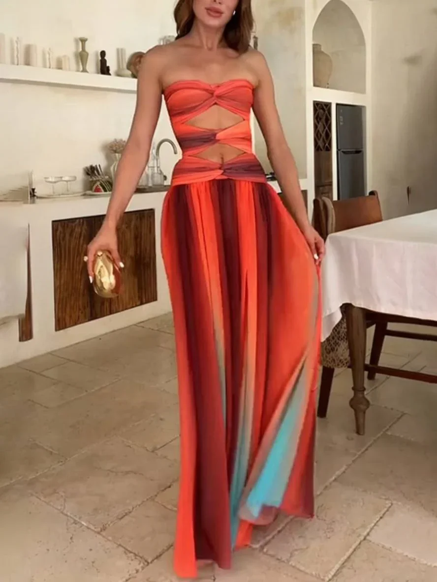 Robe maxi femme fluide dégradée avec bandeau froncé et découpe à la taille – Image 6