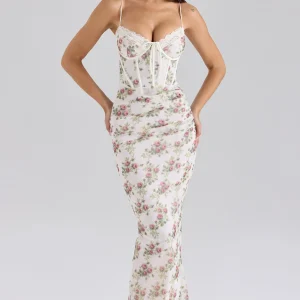 Robe longue à fleurs pour femme avec bretelles fines