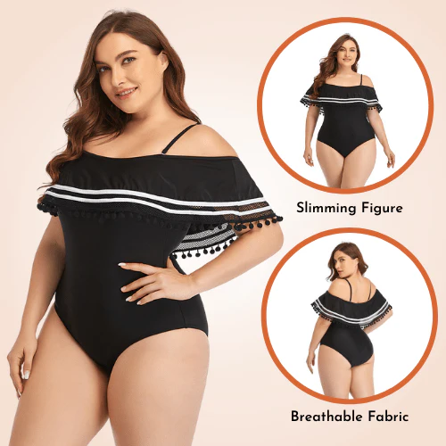 Maillot De Bain 1 Pièce Grande Taille À Volants, À Épaulettes Et À Rayures, Avec Bordure – Image 8