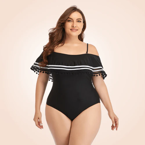 Maillot De Bain 1 Pièce Grande Taille À Volants, À Épaulettes Et À Rayures, Avec Bordure – Image 2