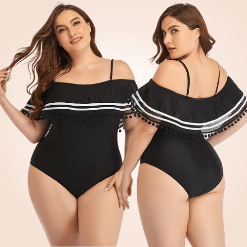 Maillot De Bain 1 Pièce Grande Taille À Volants, À Épaulettes Et À Rayures, Avec Bordure – Image 7