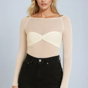 Top femme en maille transparente avec détail torsadé