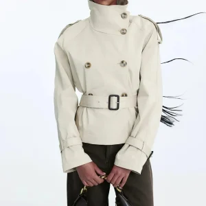 Trench-coat femme col montant ceinture nouée