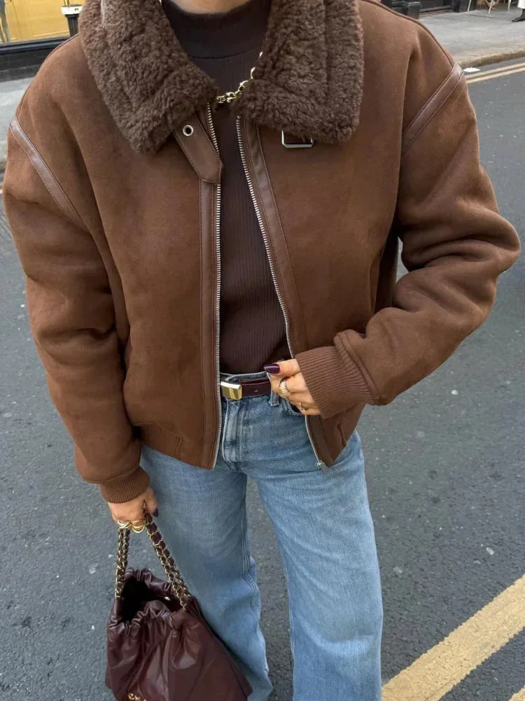 Veste aviateur marron femme avec col en fausse fourrure – Image 7