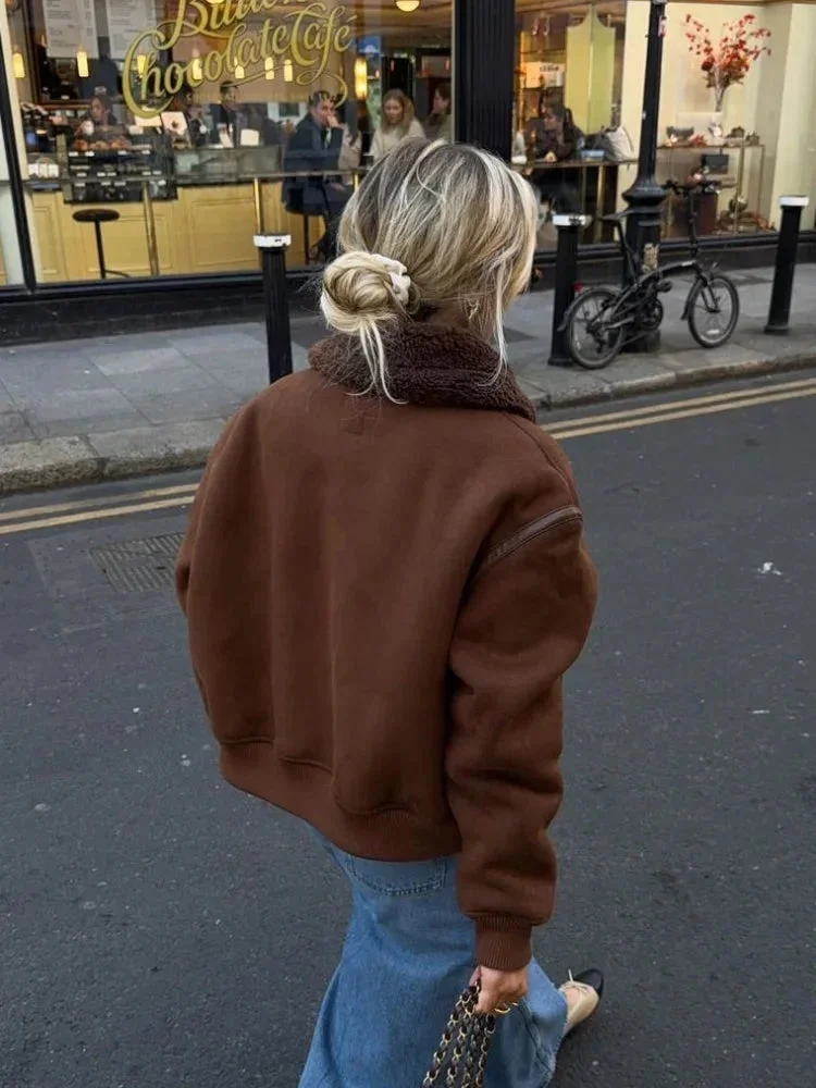 Veste aviateur marron femme avec col en fausse fourrure – Image 4