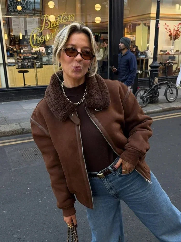 Veste aviateur marron femme avec col en fausse fourrure – Image 3