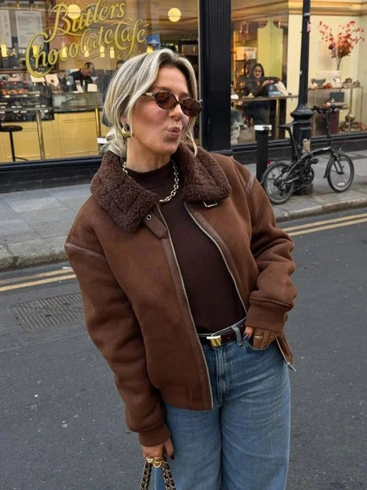 Veste aviateur marron femme avec col en fausse fourrure – Image 2