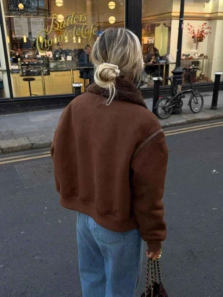 Veste aviateur marron femme avec col en fausse fourrure – Image 6