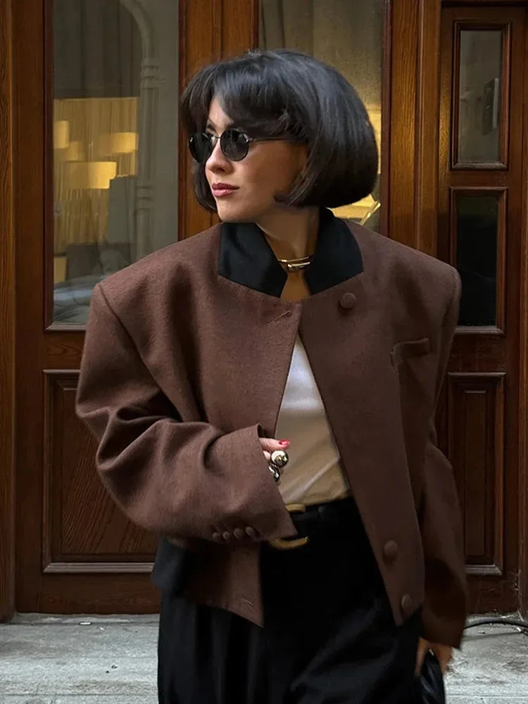 Veste blazer courte marron femme avec poches et col