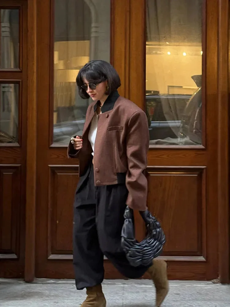 Veste blazer courte marron femme avec poches et col – Image 5