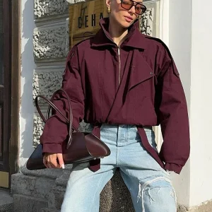 Veste bomber bordeaux femme col montant avec poches