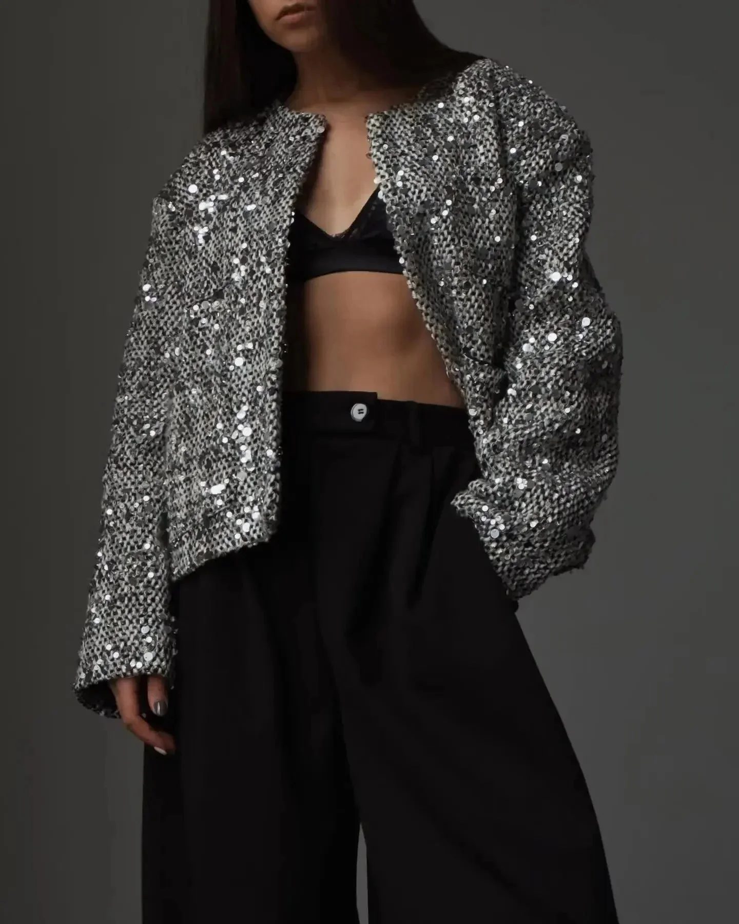 Veste bomber femme avec sequins argentés – Image 4