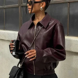 Veste bomber femme bordeaux en simili cuir élégant
