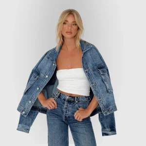 Veste en jean femme bleu ample effet rétro