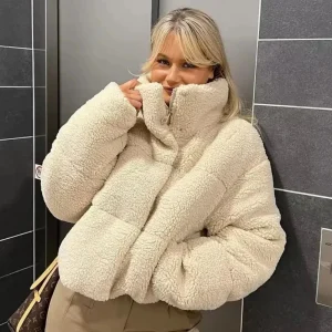Veste teddy puffer beige femme à col montant